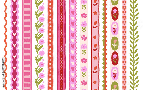 Vector set of seamless borders and frames, abstract hand-drawn quirky doodles,  love theme wallpaperes, Valentine's day decorative wrapping paper and textile backgrounds with hearts and flowers