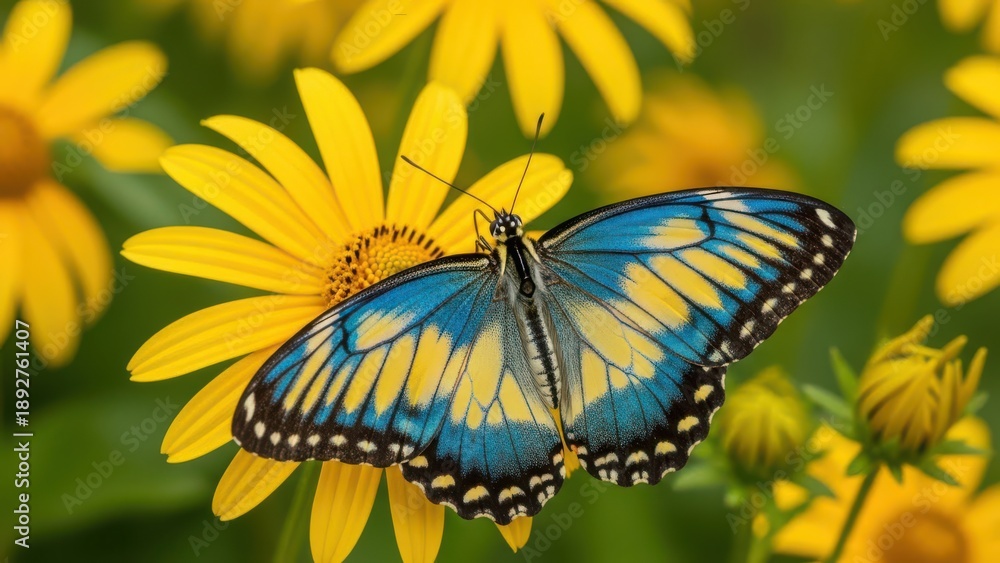 Fototapeta premium Vibrant blue butterfly resting on yellow flower