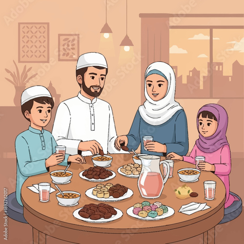 A Muslim family, including parents and two children, sharing a meal together at a dining table in their home, with various dishes and drinks.
