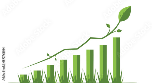 Green bar graph with growing plant vine and leaves on white background symbolizing eco friendly business growth and sustainability