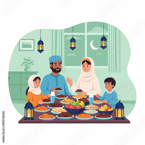 A Muslim family, including parents and two children, enjoying a festive meal together at home during the evening, with traditional lanterns and a moon visible outside.