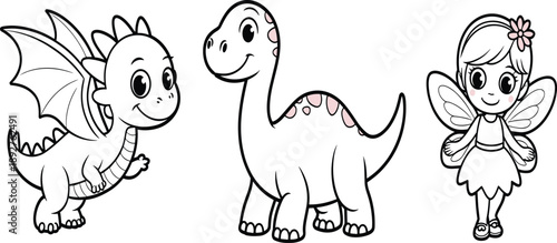 Cute fantasy characters illustration set, baby dragon dinosaur fairy girl, magical creatures, children book style, pastel colors, isolated, white background