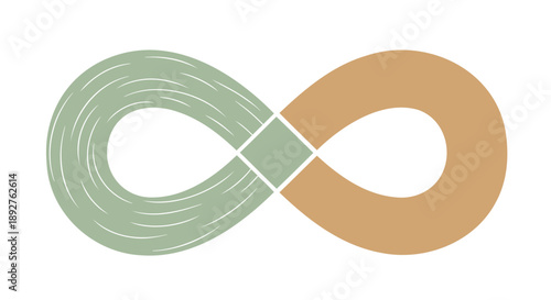 Infinity symbol with green and brown curves on white background representing unity and harmony