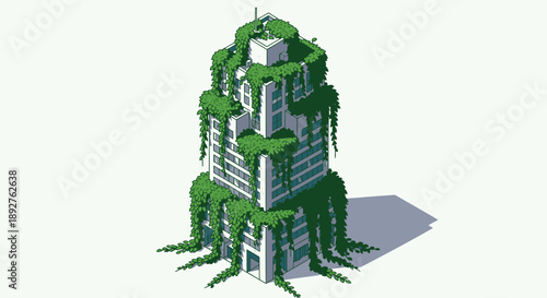 Pixel art skyscraper with lush green vines and plants growing up the sides and roof eco friendly architecture concept