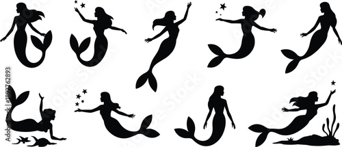 Mermaid silhouette set, fantasy sea siren poses, mythical women, underwater magic, black vector, isolated, white background, collection, icons, elegant, design