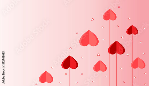 Vector illustration of a romantic Valentine’s Day background with hanging heart shapes in soft pink and red tones. 