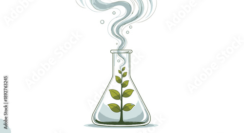 Plant growing in a conical flask with smoke rising symbolizing science and nature