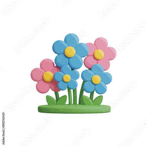 Cute 3D Flowers Icon Blue and Pink Spring Blossoms on Grass