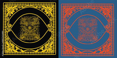 Mystical Ornamental Bandana Design with Sacred Symbols in Orange and Black