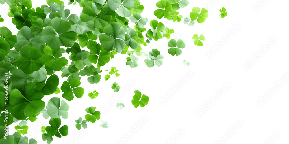 Fototapeta premium Flying shamrocks, green clovers leaves border isolated on white or transparent panoramic background. St Patrick's day celebration web banner
