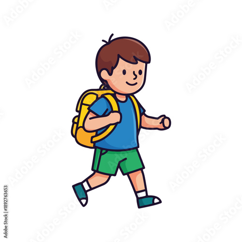 Smiling Boy Walking with Yellow Backpack School Trip