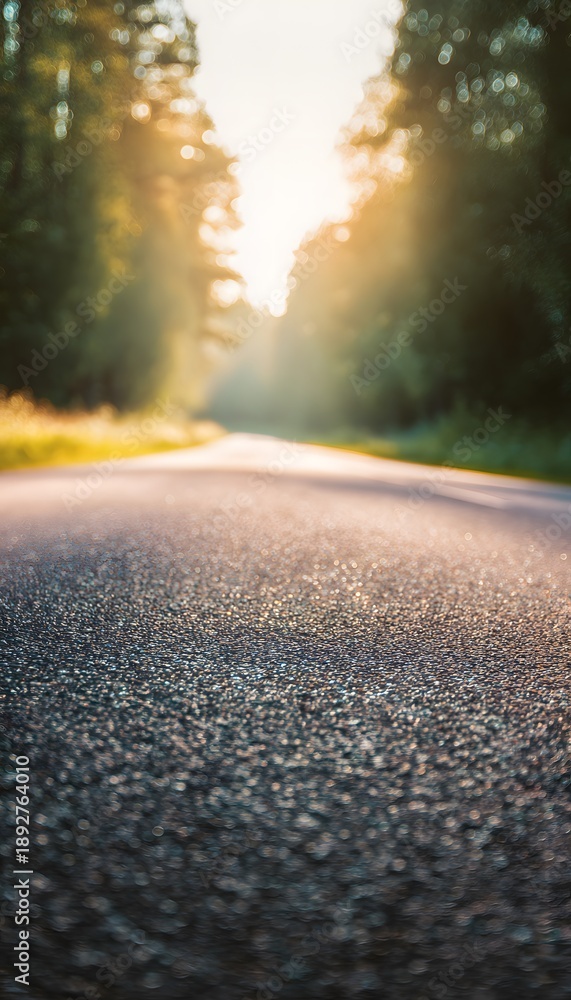 Fototapeta premium Golden hour illuminates a tranquil country road embraced by lush green forest landscape photography