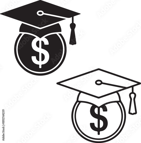 A black and white graphic depicts graduation caps combined with dollar signs symbolizing the financial cost of education