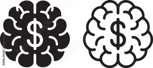 A striking black and white illustration depicts two human brains each containing a prominent dollar sign high quality professional