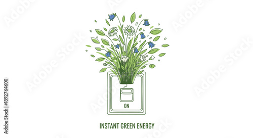 Green energy concept with flowers growing out of a light switch on a white background