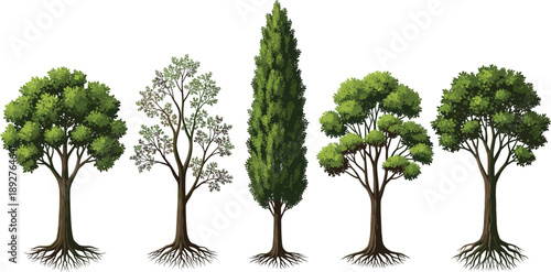 Set Of Different Green Tree Vector Illustrations With Visible Roots Isolated On White Background For Nature Design