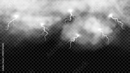Abstract realistic thunderclouds sky. Vector illustration with white transparent clouds and vibrant lightning bolts. 3d weather atmospheric phenomena with lightning discharge strikes.