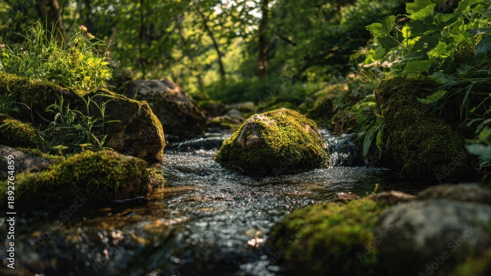Obraz premium Moss-covered rocks in a flowing stream