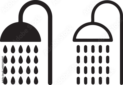 Two black showerhead icons are displayed showing water droplets falling from each fixture in a simple design high quality
