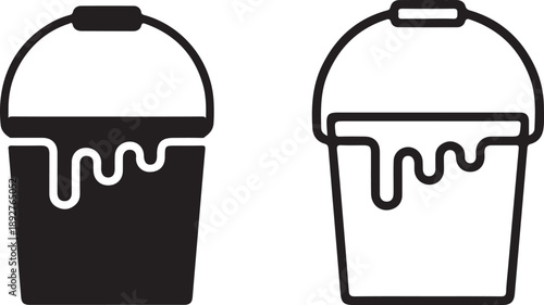 A pair of simple black and white bucket icons depicting spilled or overflowing liquid contents high quality professional detailed