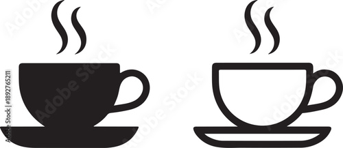 A simple black and white illustration depicts two steaming cups of coffee or tea with saucers high quality professional