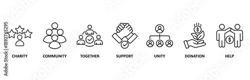 Volunteering icon set illustration contain charity, community, together, support, unity, donation and help.