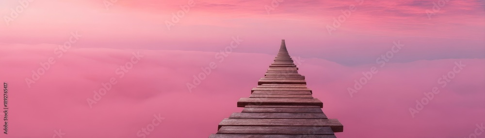 Fototapeta premium A surreal scene featuring a wooden pathway extending into a pink-hued sky, suggesting a dreamlike journey above a soft, foggy landscape.