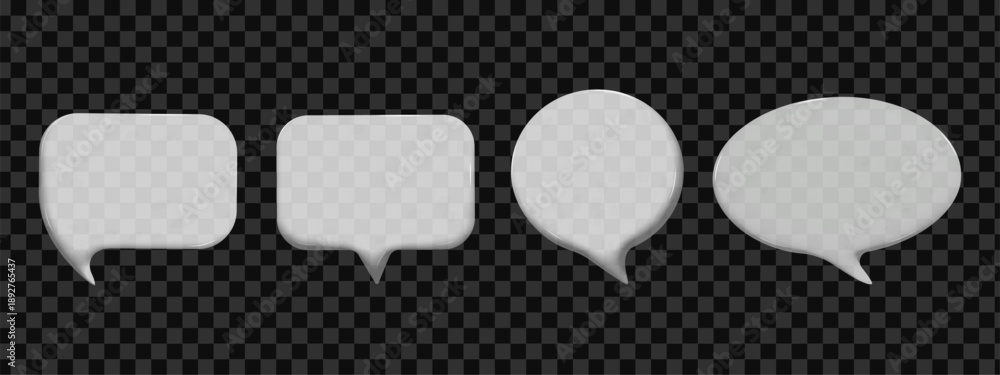 Naklejka premium 3D glass chat bubble with transparent effect for text and speech. Modern realistic communication element for app, web and digital interface design. Vector illustration.