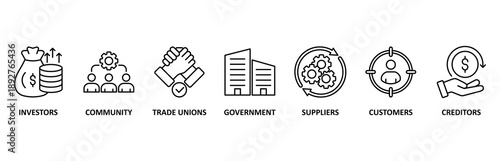 Stakeholder icon set illustration contain investors, community, trade unions, government, suppliers, customers and creditors.