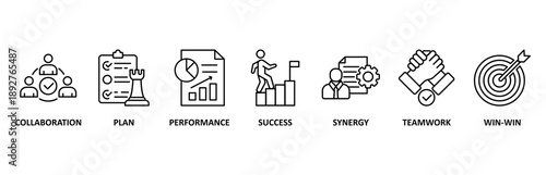 Partnership icon set illustration contain collaboration, plan, performance, success, synergy, team work and win-win.