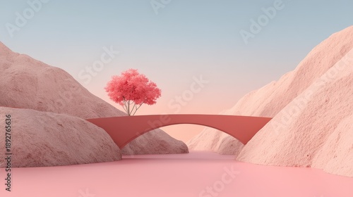A serene landscape featuring a pink-hued bridge crossing over calm waters, with a vibrant pink tree set against softly shaped pastel mountains.