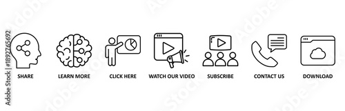 Call to action icon set illustration contain share, learn more, click here, watch our video, subscribe, contact us and download.