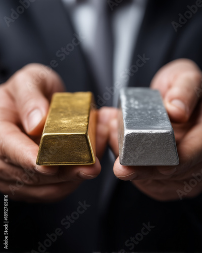 Man in suit holds gold and silver bullion bars in each hand, for themes about precious metals, gold mining and extraction, investment and wealth, luxury materials, geology and natural resources