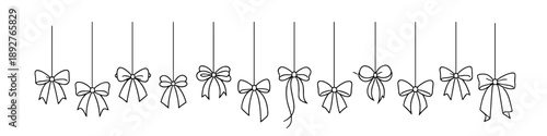 Elegant hanging bows line art for festive decoration and gift wrapping design
