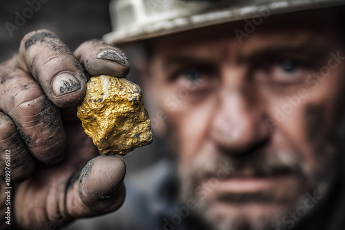 Miner with dirty hands holds a large piece of gold ore, wearing a hard hat, for themes about gold mining and precious metals, natural resources, hard labor and industry, geology and raw materials