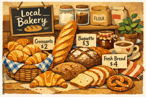 Rustic bakery display with fresh bread, croissants, and coffee in vintage style