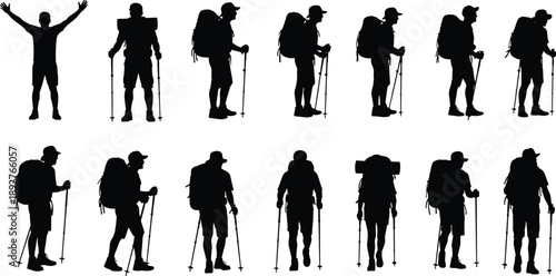 Black Silhouette Collection of Hikers and Backpackers Including Men and Women with Trekking Poles and Large Backpacks Isolated on White Background for Adventure Design