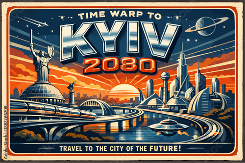 Futuristic kyiv 2080 travel poster with retro cityscape and space elements