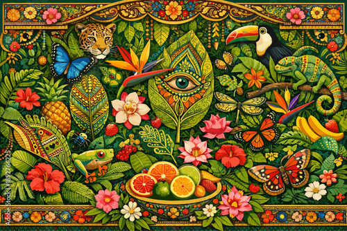 Tropical jungle art with exotic animals and vibrant floral patterns in ornate style