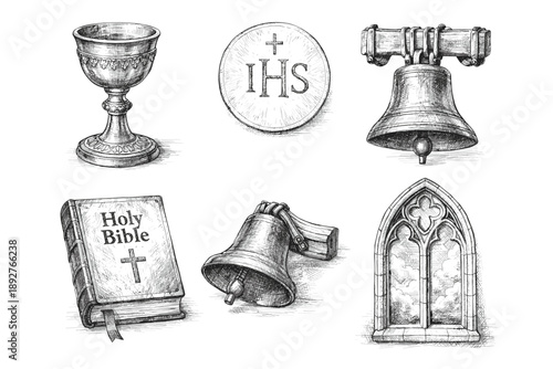 Christian Church and Holy Symbols Engraving Set