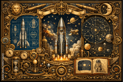 Steampunk space exploration: rocket blueprints and victorian astronomy art