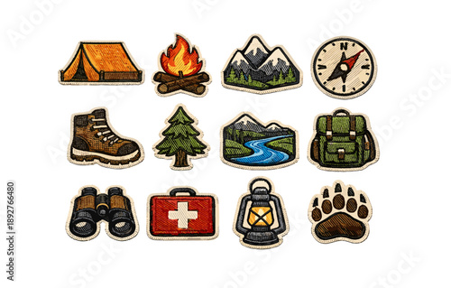 Embroidered camping patches collection featuring outdoor adventure icons