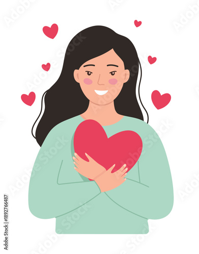 Happy Asian woman hugging a heart. Self-love, self-care and mental health concept. Vector art