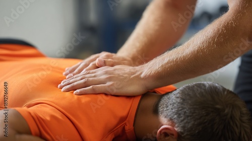 Foto Football player receiving manual muscle release massage physiotherapist using tr