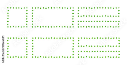 Green square and rectangular frames made of clover leaves with grunge textures isolated on a white background. Large collection of different edging, plant framing. Vector big set of decorative borders