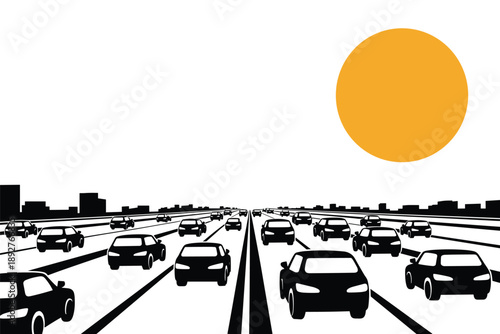 Rush Hour Highway Traffic with Cityscape and Sun, urban transportation concept