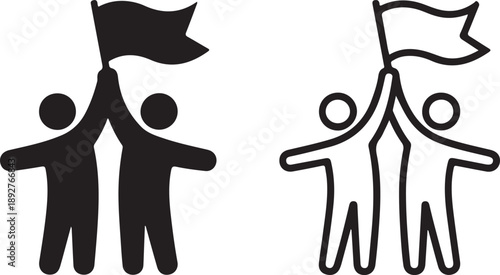 Two distinct depictions showcase figures raising flags one solid black and the other a white outline on a transparent background
