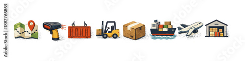 Logistics and shipping icons with map, barcode scanner, forklift, container, plane, and warehouse