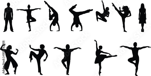 Black Silhouette Collection of Professional Dancers and Athletes Including Ballerinas Gymnasts and Breakdancers in Dynamic Artistic Poses Isolated on White Background for Theater Design