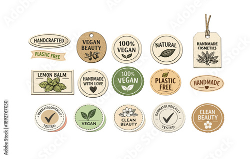 Eco-friendly label collection featuring vegan and plastic-free product tags